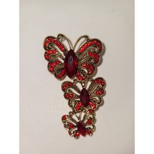 Art Deco Style Vintage Enamel Red Crystal Three Butterfly Brooch Badge Pin Gift